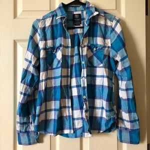 American Eagle blue, white and purple flannel